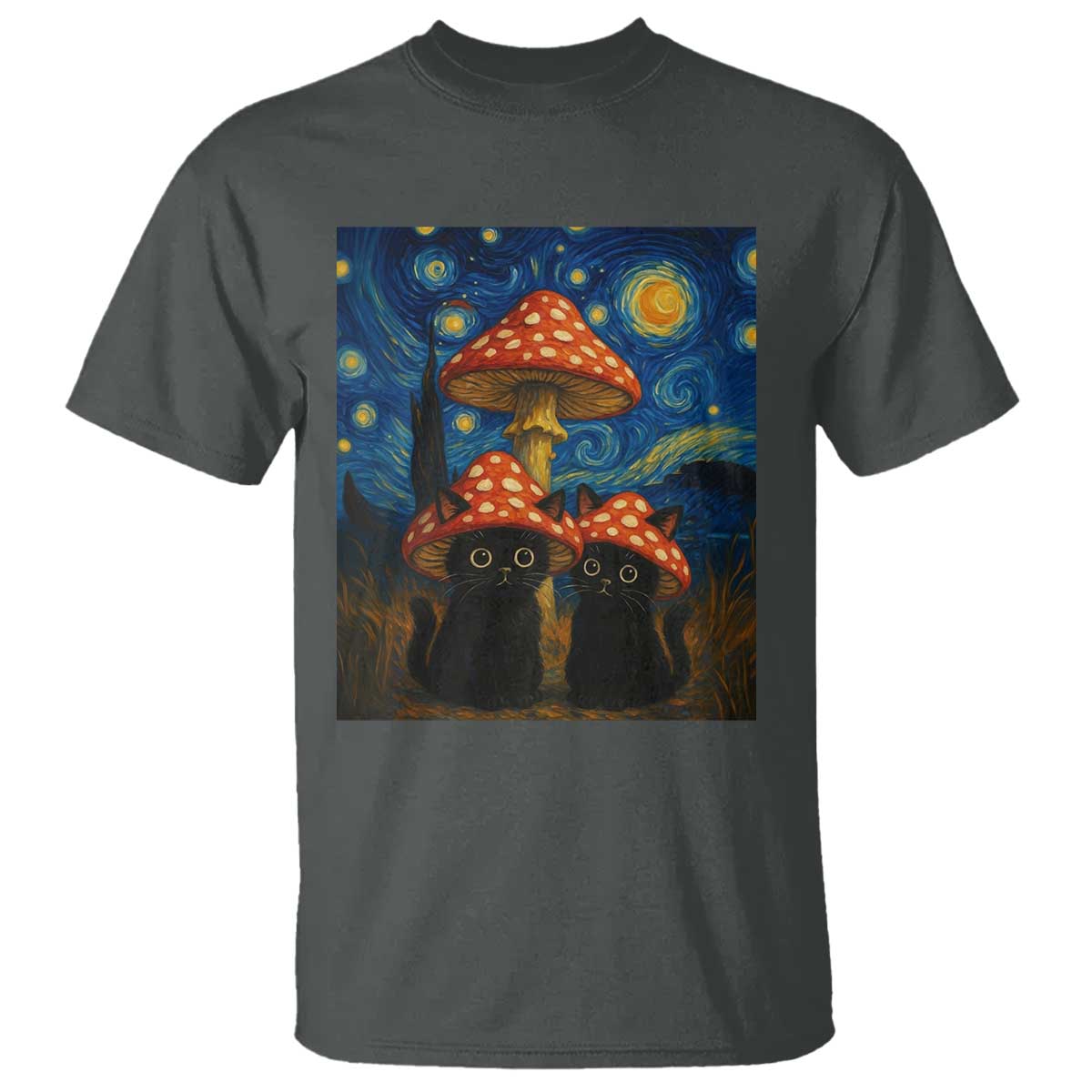 Cute Black Cat Mushroom T Shirt Stary Night Vangogh Amanita Muscaria TS14 Dark Heather Print Your Wear