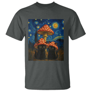 Cute Black Cat Mushroom T Shirt Stary Night Vangogh Amanita Muscaria TS14 Dark Heather Print Your Wear
