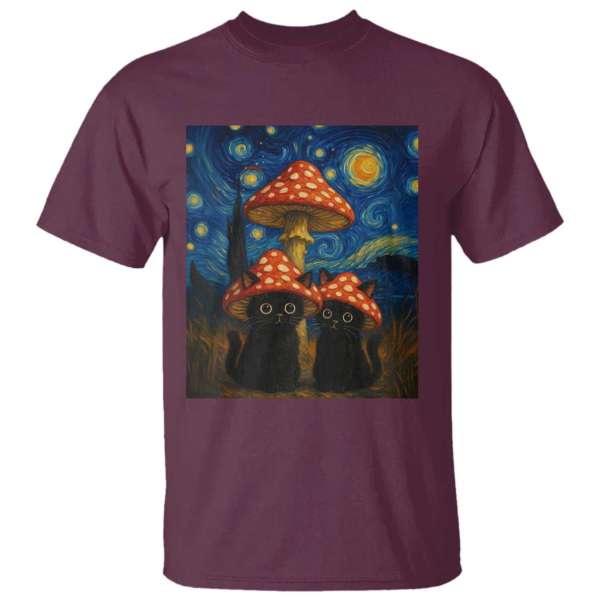 Cute Black Cat Mushroom T Shirt Stary Night Vangogh Amanita Muscaria TS14 Maroon Print Your Wear