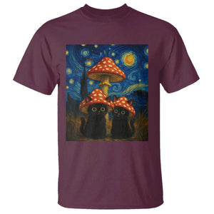 Cute Black Cat Mushroom T Shirt Stary Night Vangogh Amanita Muscaria TS14 Maroon Print Your Wear