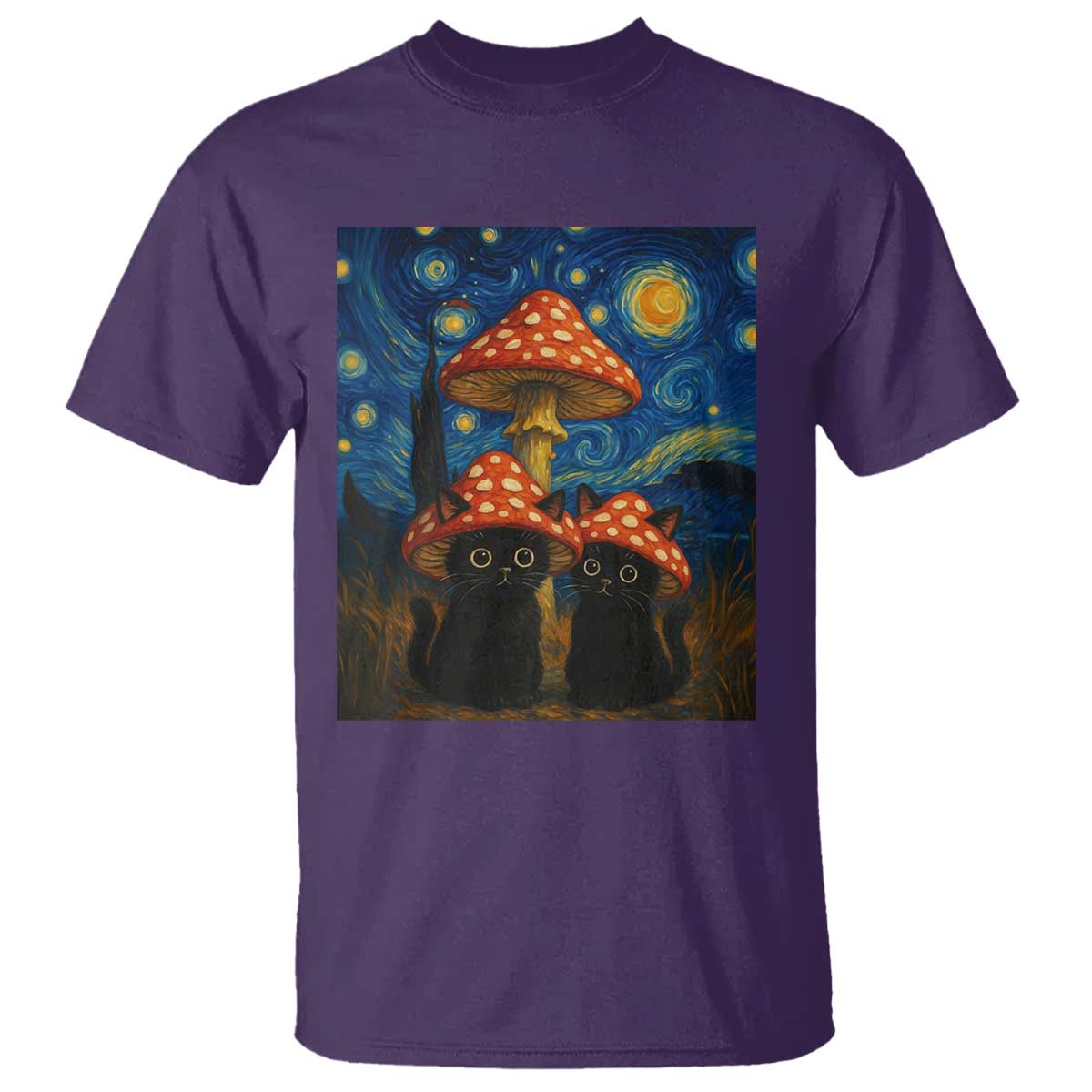 Cute Black Cat Mushroom T Shirt Stary Night Vangogh Amanita Muscaria TS14 Purple Print Your Wear