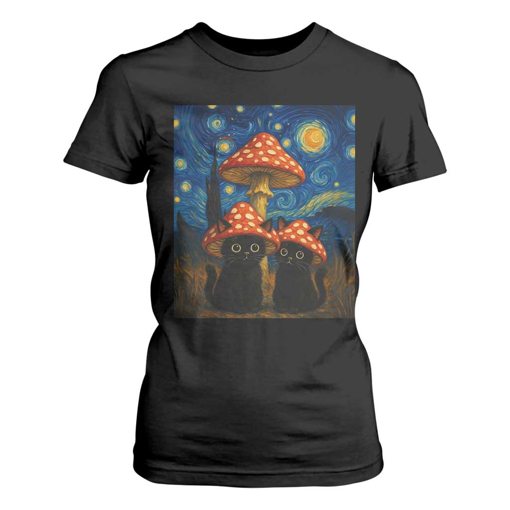 Cute Black Cat Mushroom T Shirt For Women Stary Night Vangogh Amanita Muscaria TS14 Black Print Your Wear