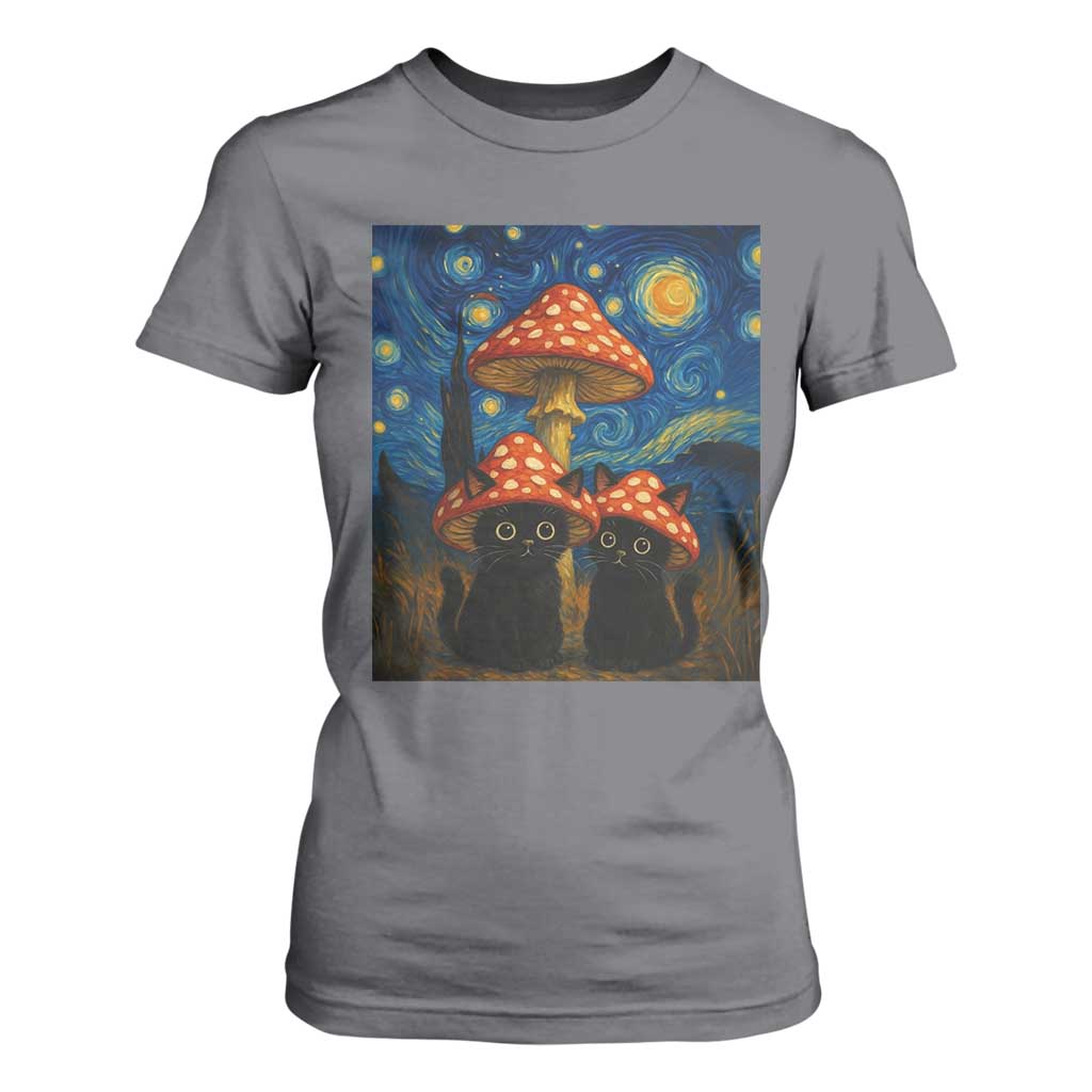 Cute Black Cat Mushroom T Shirt For Women Stary Night Vangogh Amanita Muscaria TS14 Charcoal Print Your Wear