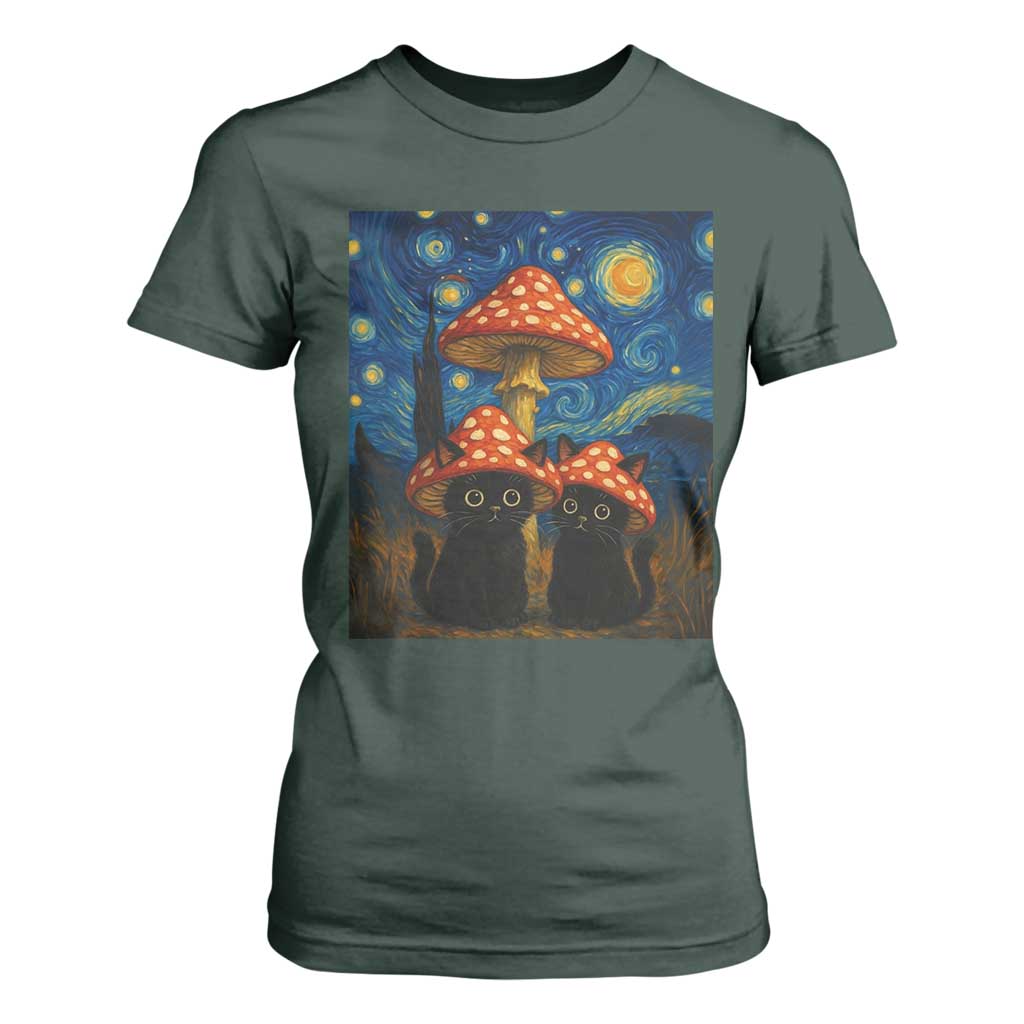 Cute Black Cat Mushroom T Shirt For Women Stary Night Vangogh Amanita Muscaria TS14 Dark Forest Green Print Your Wear