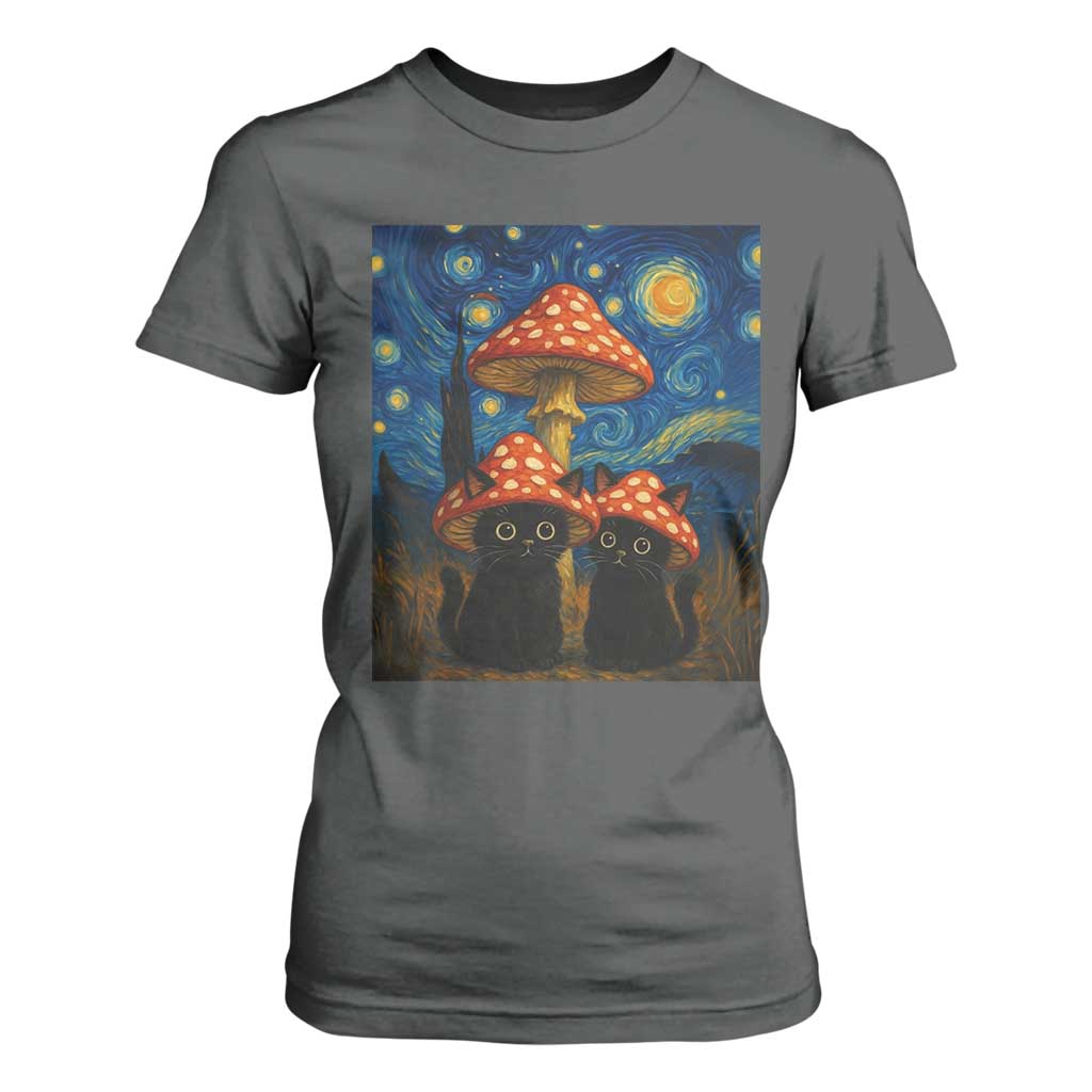 Cute Black Cat Mushroom T Shirt For Women Stary Night Vangogh Amanita Muscaria TS14 Dark Heather Print Your Wear