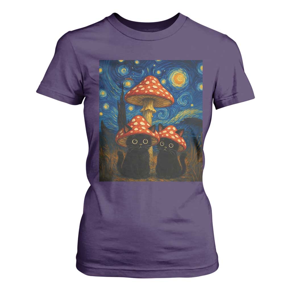 Cute Black Cat Mushroom T Shirt For Women Stary Night Vangogh Amanita Muscaria TS14 Purple Print Your Wear