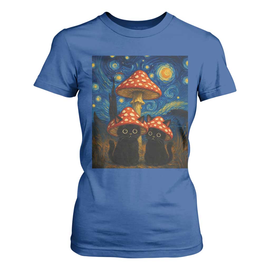 Cute Black Cat Mushroom T Shirt For Women Stary Night Vangogh Amanita Muscaria TS14 Royal Blue Print Your Wear