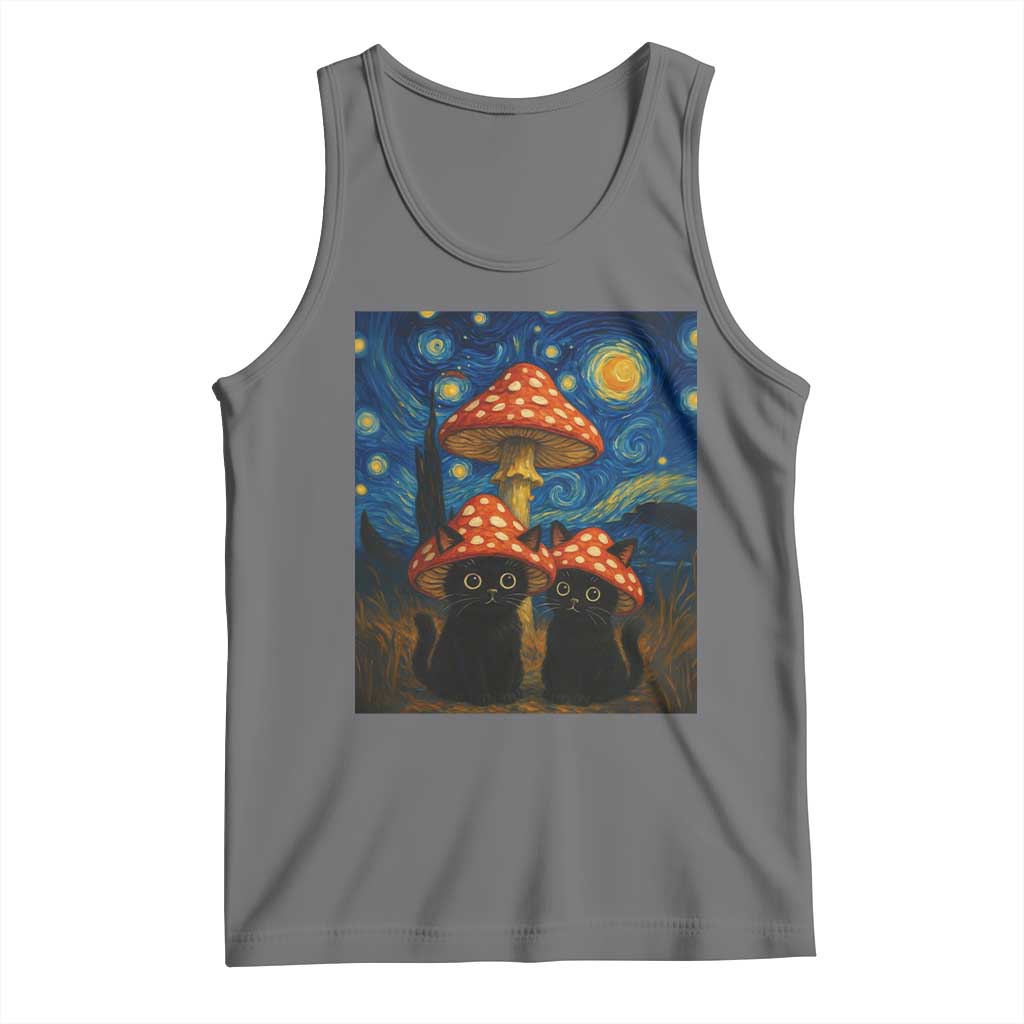 Cute Black Cat Mushroom Tank Top Stary Night Vangogh Amanita Muscaria TS14 Black Heather Print Your Wear