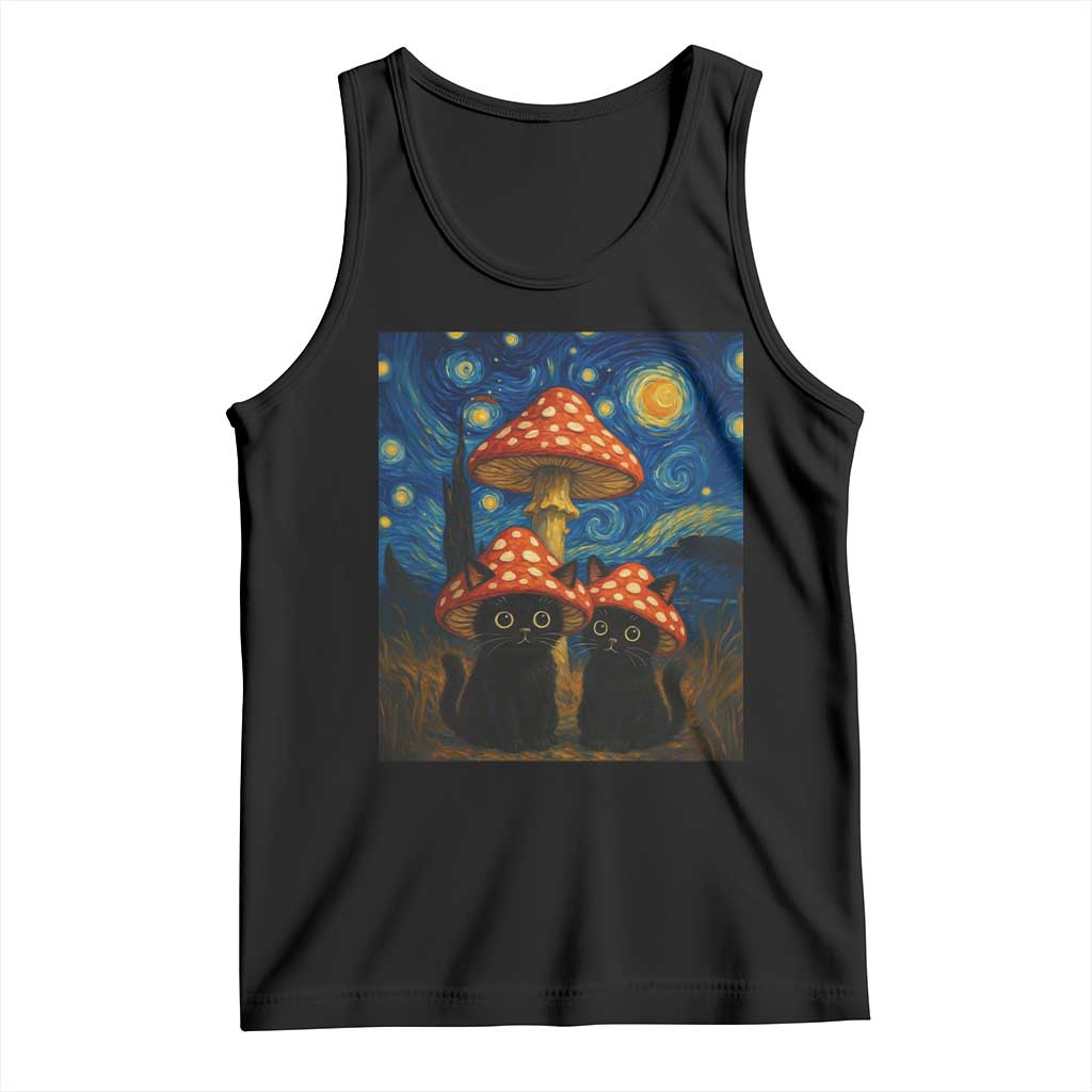 Cute Black Cat Mushroom Tank Top Stary Night Vangogh Amanita Muscaria TS14 Black Print Your Wear