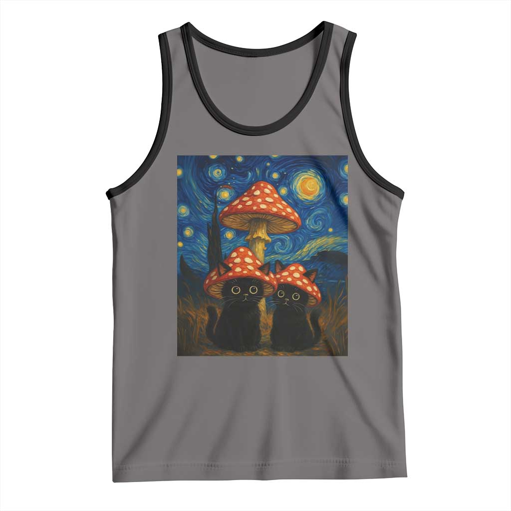 Cute Black Cat Mushroom Tank Top Stary Night Vangogh Amanita Muscaria TS14 Deep Heather Black Print Your Wear