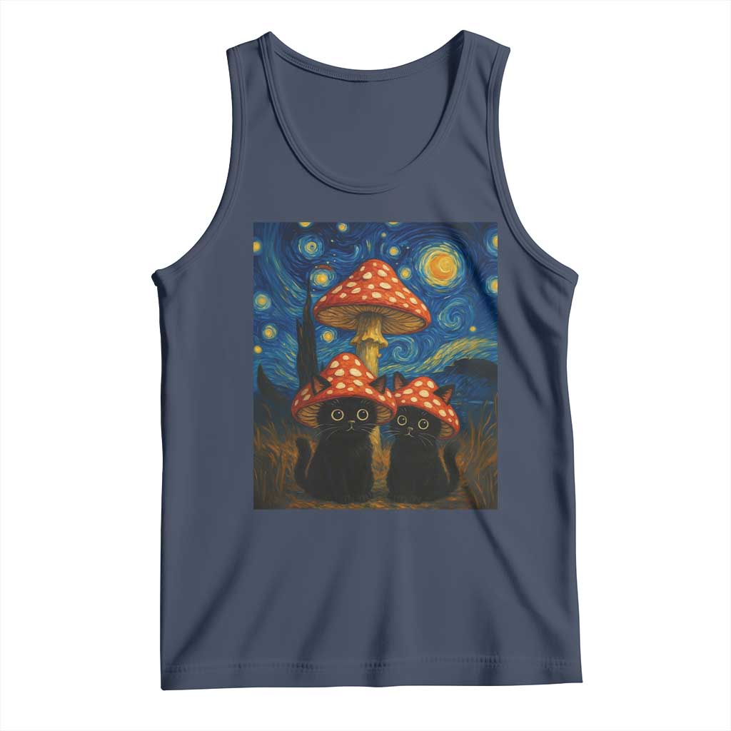 Cute Black Cat Mushroom Tank Top Stary Night Vangogh Amanita Muscaria TS14 Navy Print Your Wear