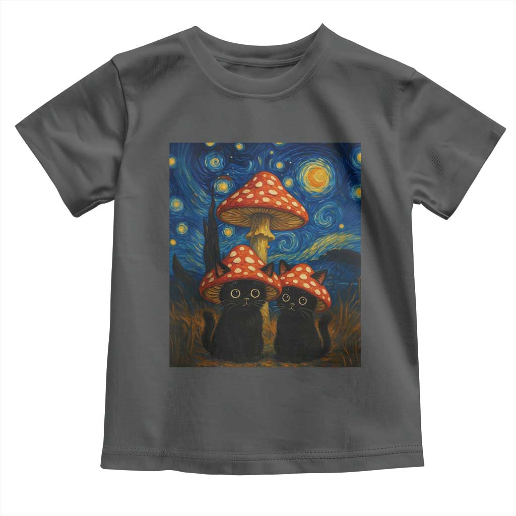 Cute Black Cat Mushroom Toddler T Shirt Stary Night Vangogh Amanita Muscaria TS14 Dark Heather Print Your Wear