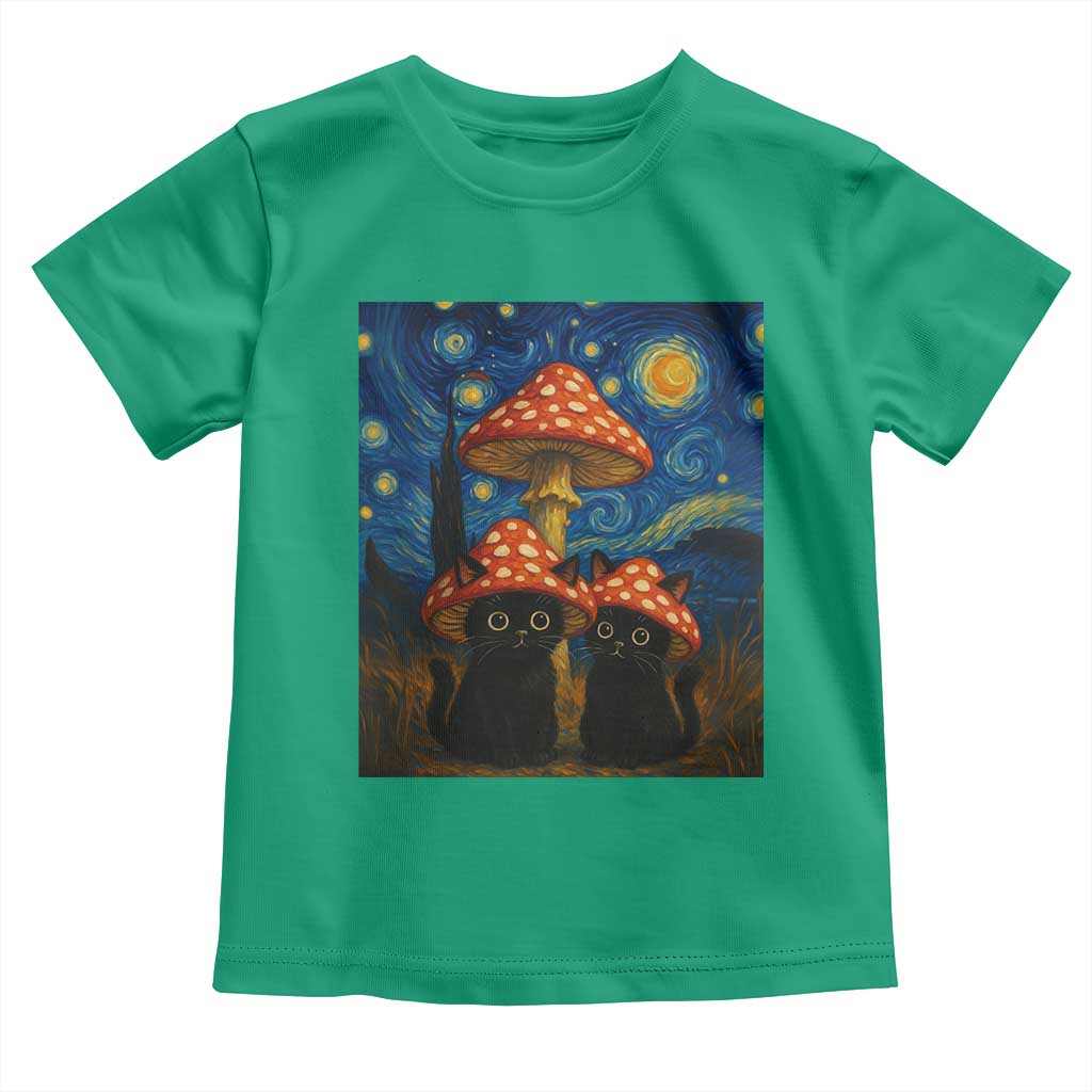 Cute Black Cat Mushroom Toddler T Shirt Stary Night Vangogh Amanita Muscaria TS14 Irish Green Print Your Wear