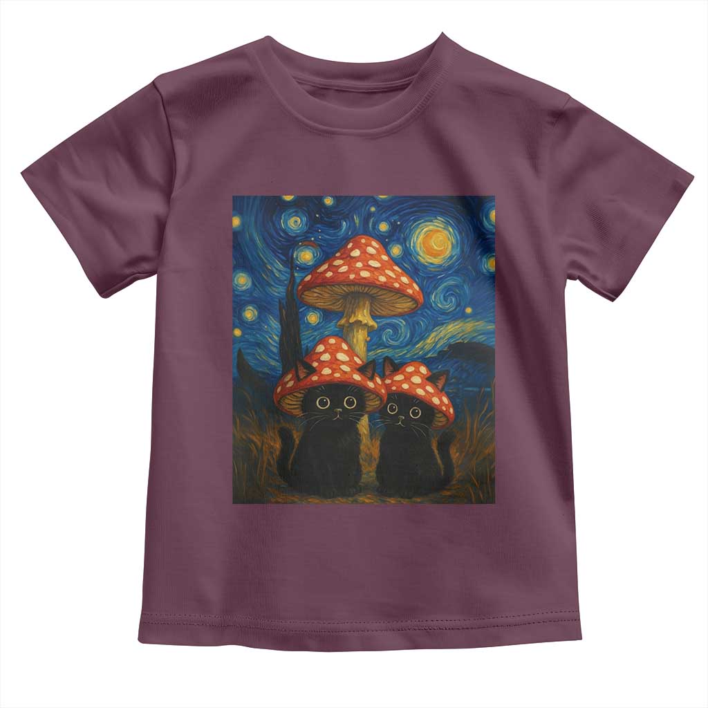 Cute Black Cat Mushroom Toddler T Shirt Stary Night Vangogh Amanita Muscaria TS14 Maroon Print Your Wear
