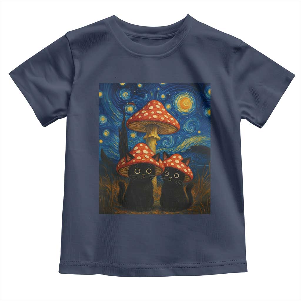 Cute Black Cat Mushroom Toddler T Shirt Stary Night Vangogh Amanita Muscaria TS14 Navy Print Your Wear