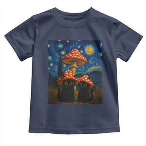 Cute Black Cat Mushroom Toddler T Shirt Stary Night Vangogh Amanita Muscaria TS14 Navy Print Your Wear