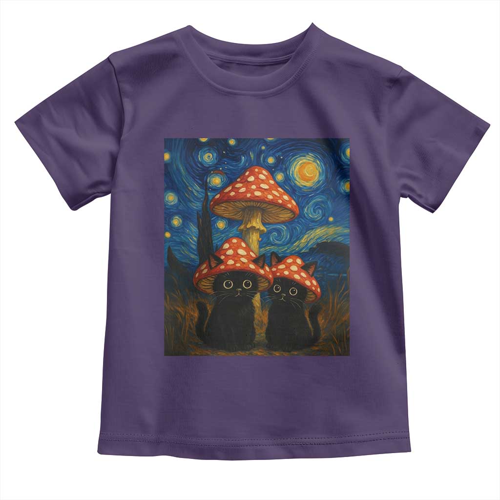 Cute Black Cat Mushroom Toddler T Shirt Stary Night Vangogh Amanita Muscaria TS14 Purple Print Your Wear