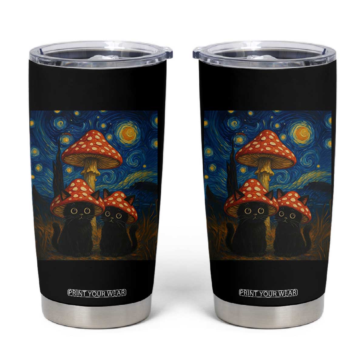 Cute Black Cat Mushroom Tumbler Cup Stary Night Vangogh Amanita Muscaria TS14 Black Print Your Wear