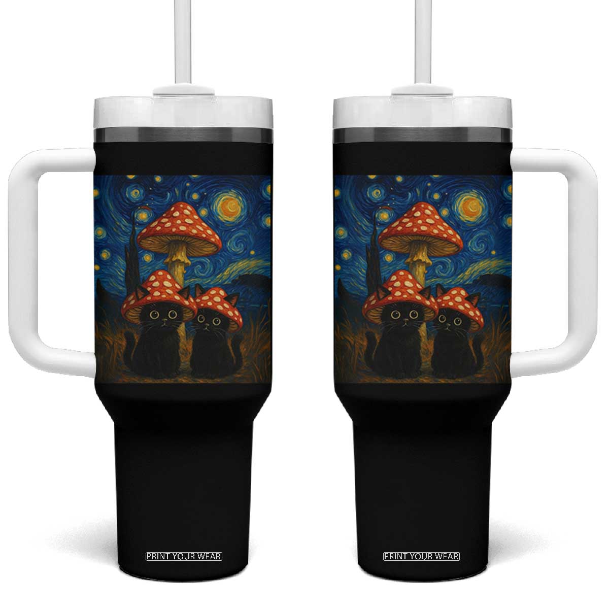 Cute Black Cat Mushroom Tumbler With Handle Stary Night Vangogh Amanita Muscaria TS14 One Size: 40 oz Black Print Your Wear