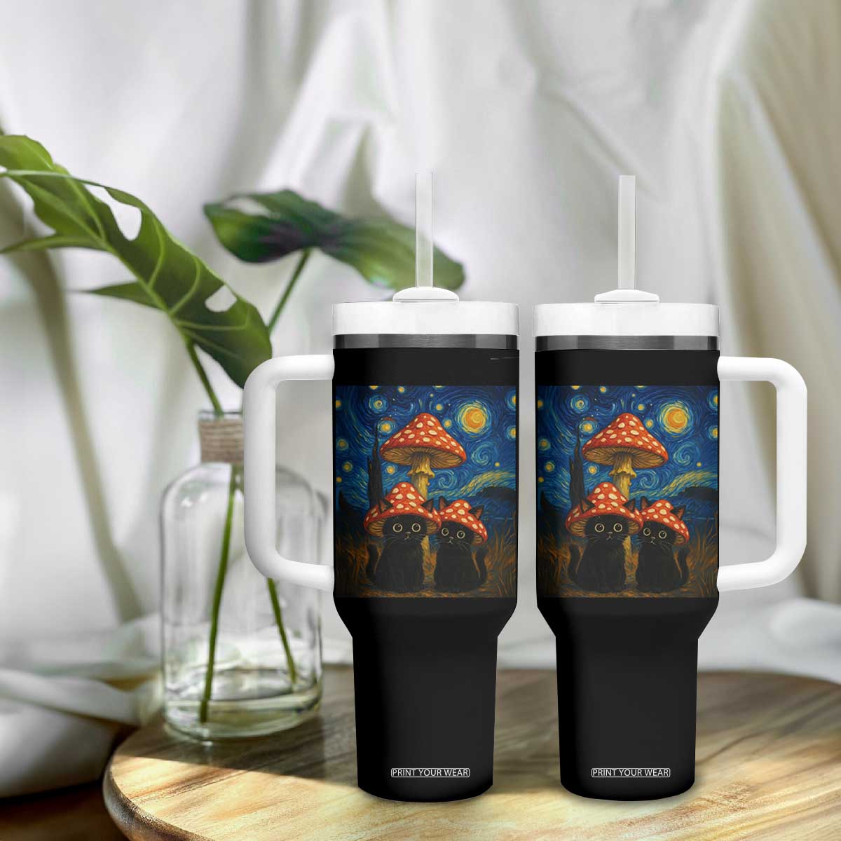 Cute Black Cat Mushroom Tumbler With Handle Stary Night Vangogh Amanita Muscaria TS14 Print Your Wear