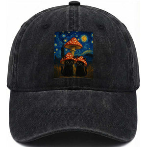 Cute Black Cat Mushroom Washed Cotton Baseball Cap Stary Night Vangogh Amanita Muscaria TS14 Washed Cap Universal Fit Black Print Your Wear