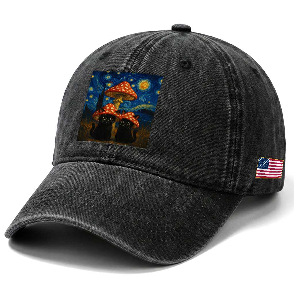 Cute Black Cat Mushroom Washed Cotton Baseball Cap Stary Night Vangogh Amanita Muscaria TS14 Print Your Wear
