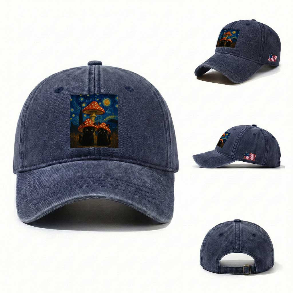 Cute Black Cat Mushroom Washed Cotton Baseball Cap Stary Night Vangogh Amanita Muscaria TS14 Washed Cap Universal Fit Navy Print Your Wear