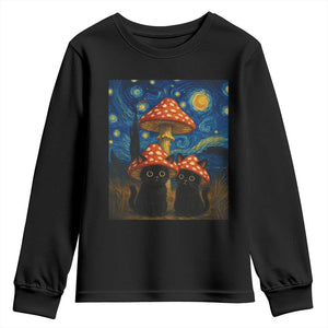 Cute Black Cat Mushroom Youth Sweatshirt Stary Night Vangogh Amanita Muscaria TS14 Black Print Your Wear