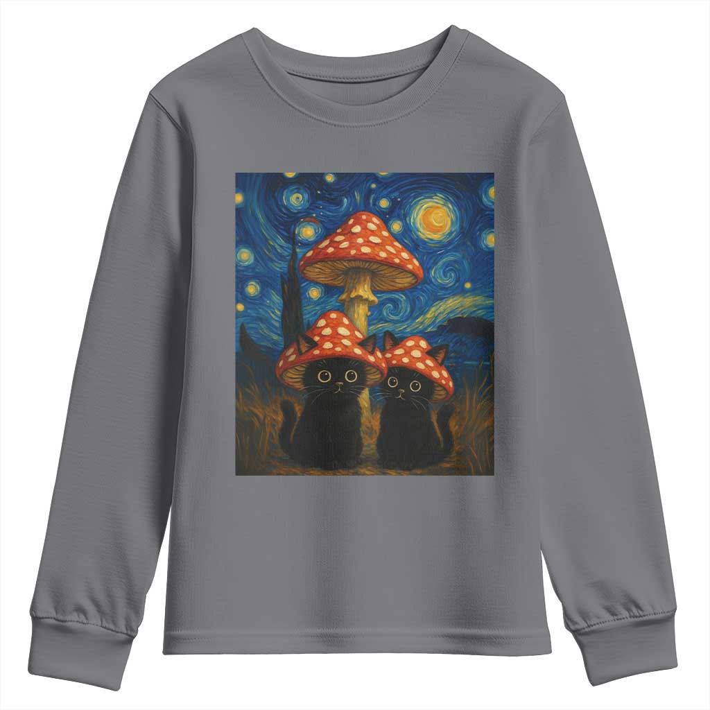 Cute Black Cat Mushroom Youth Sweatshirt Stary Night Vangogh Amanita Muscaria TS14 Charcoal Print Your Wear