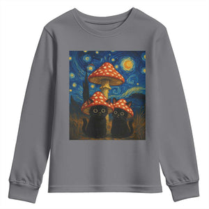 Cute Black Cat Mushroom Youth Sweatshirt Stary Night Vangogh Amanita Muscaria TS14 Charcoal Print Your Wear