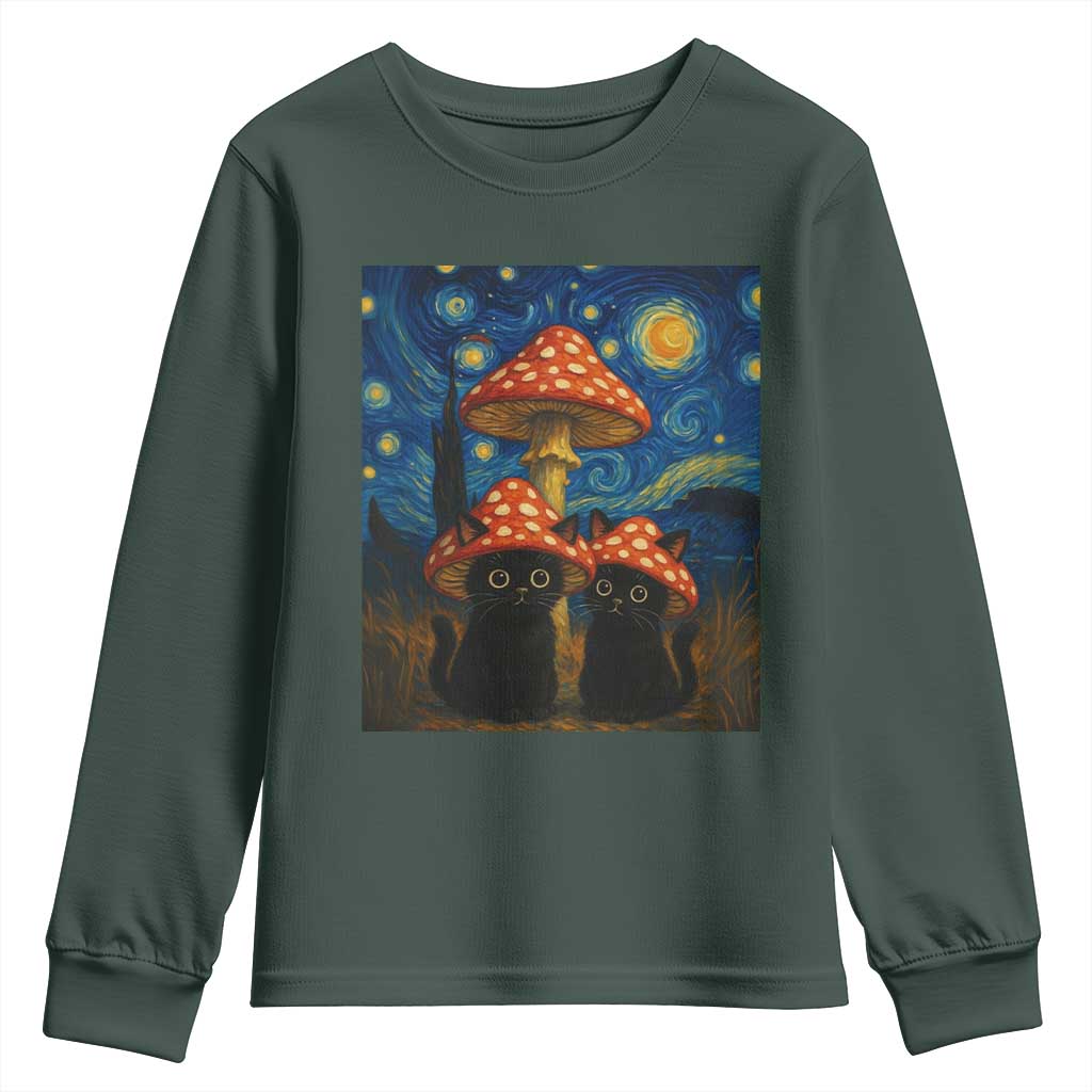 Cute Black Cat Mushroom Youth Sweatshirt Stary Night Vangogh Amanita Muscaria TS14 Dark Forest Green Print Your Wear
