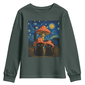 Cute Black Cat Mushroom Youth Sweatshirt Stary Night Vangogh Amanita Muscaria TS14 Dark Forest Green Print Your Wear