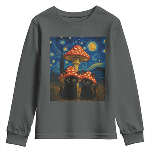 Cute Black Cat Mushroom Youth Sweatshirt Stary Night Vangogh Amanita Muscaria TS14 Dark Heather Print Your Wear
