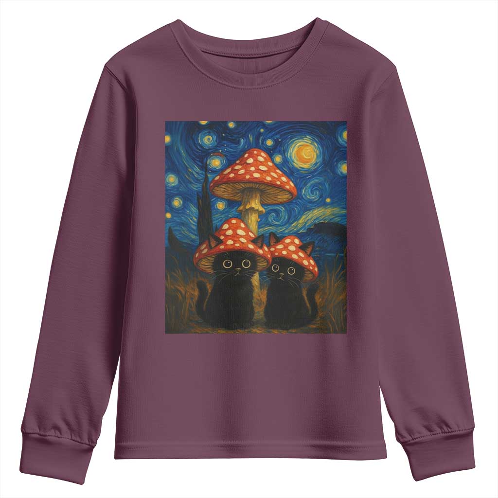 Cute Black Cat Mushroom Youth Sweatshirt Stary Night Vangogh Amanita Muscaria TS14 Maroon Print Your Wear