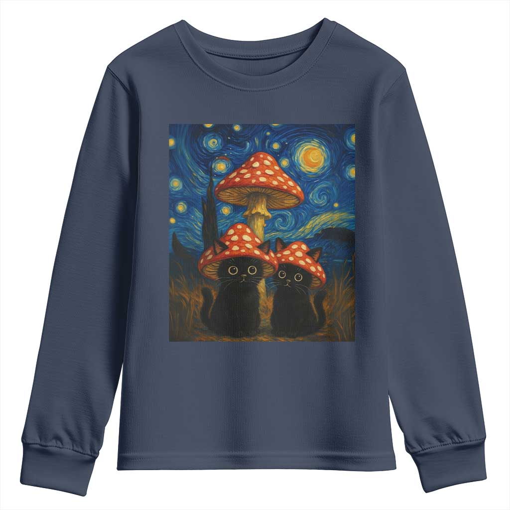 Cute Black Cat Mushroom Youth Sweatshirt Stary Night Vangogh Amanita Muscaria TS14 Navy Print Your Wear