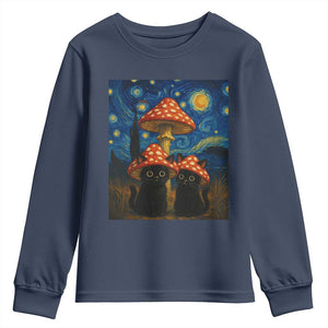Cute Black Cat Mushroom Youth Sweatshirt Stary Night Vangogh Amanita Muscaria TS14 Navy Print Your Wear