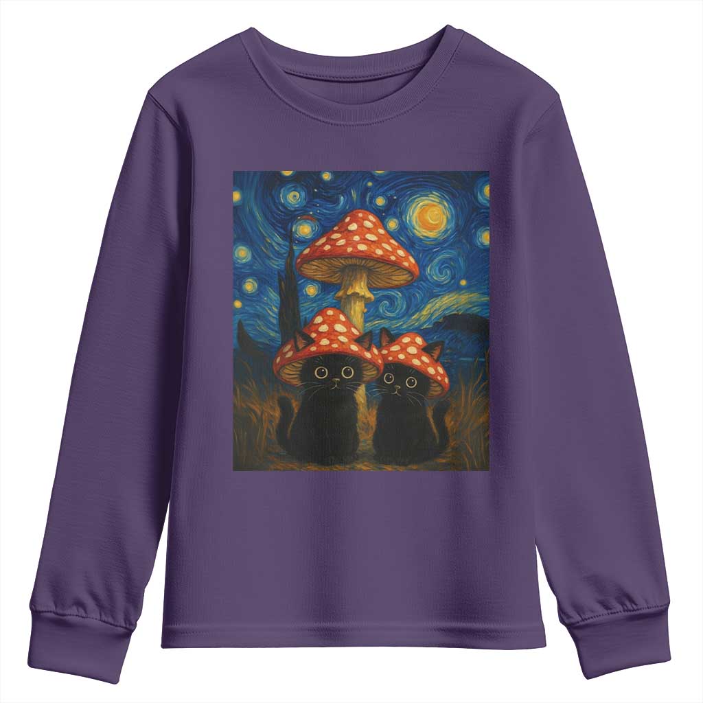 Cute Black Cat Mushroom Youth Sweatshirt Stary Night Vangogh Amanita Muscaria TS14 Purple Print Your Wear