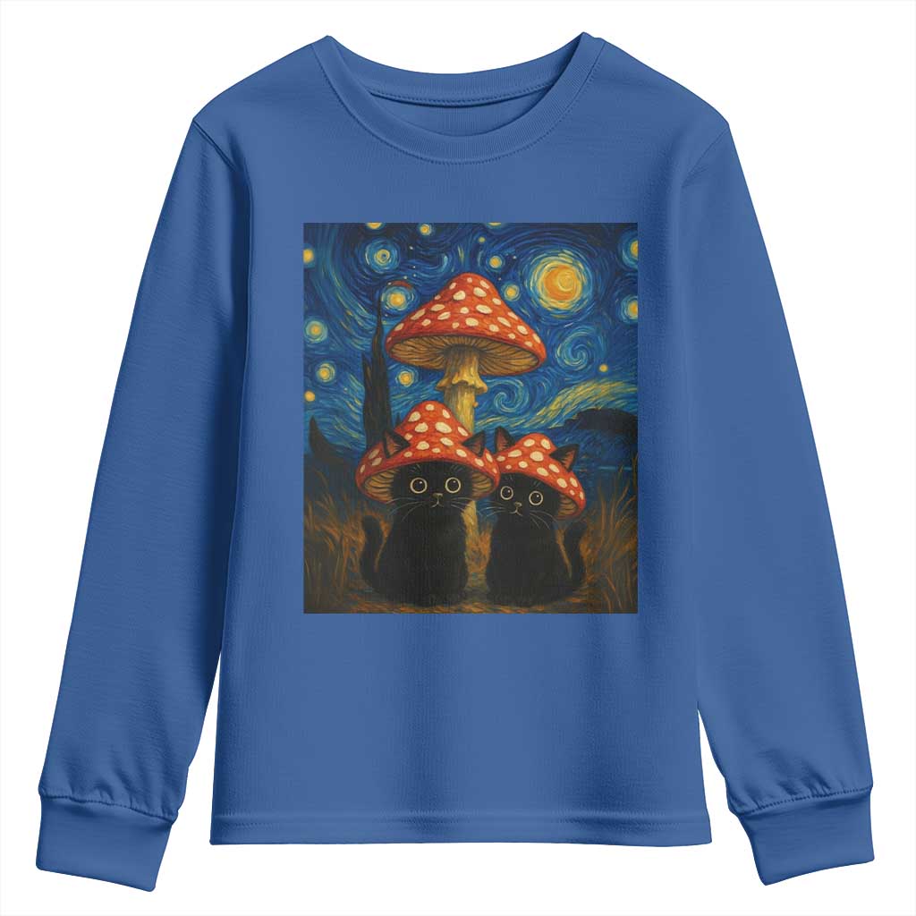 Cute Black Cat Mushroom Youth Sweatshirt Stary Night Vangogh Amanita Muscaria TS14 Royal Blue Print Your Wear