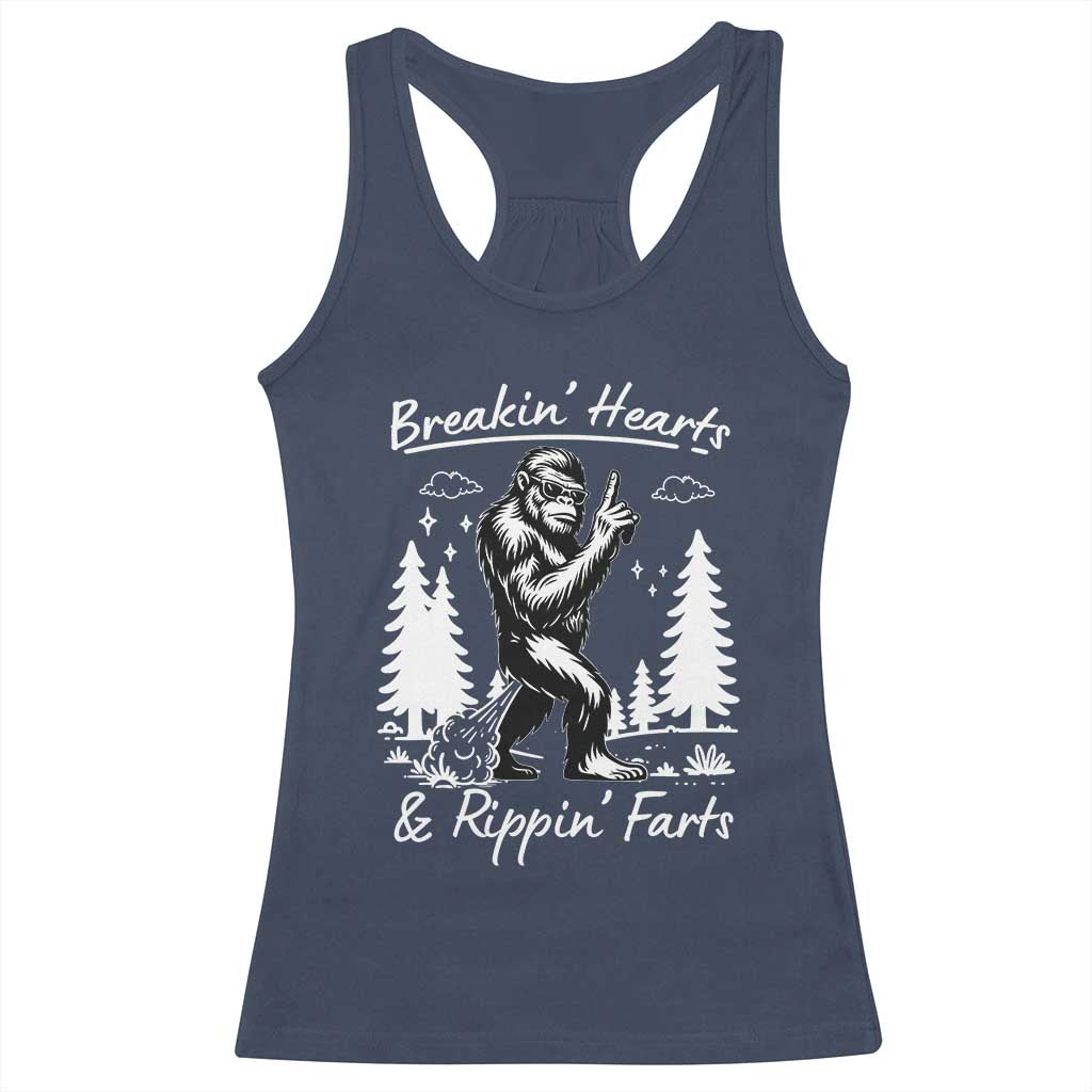 Funny Bigfoot Sasquatch Racerback Tank Top Breakin Hearts And Rippin Farts TS14 Navy Print Your Wear