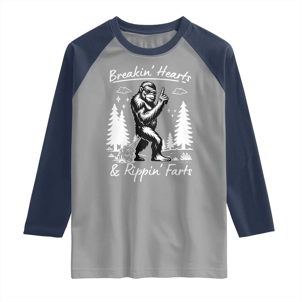 Funny Bigfoot Sasquatch Raglan Shirt Breakin Hearts And Rippin Farts TS14 Sport Gray Navy Print Your Wear