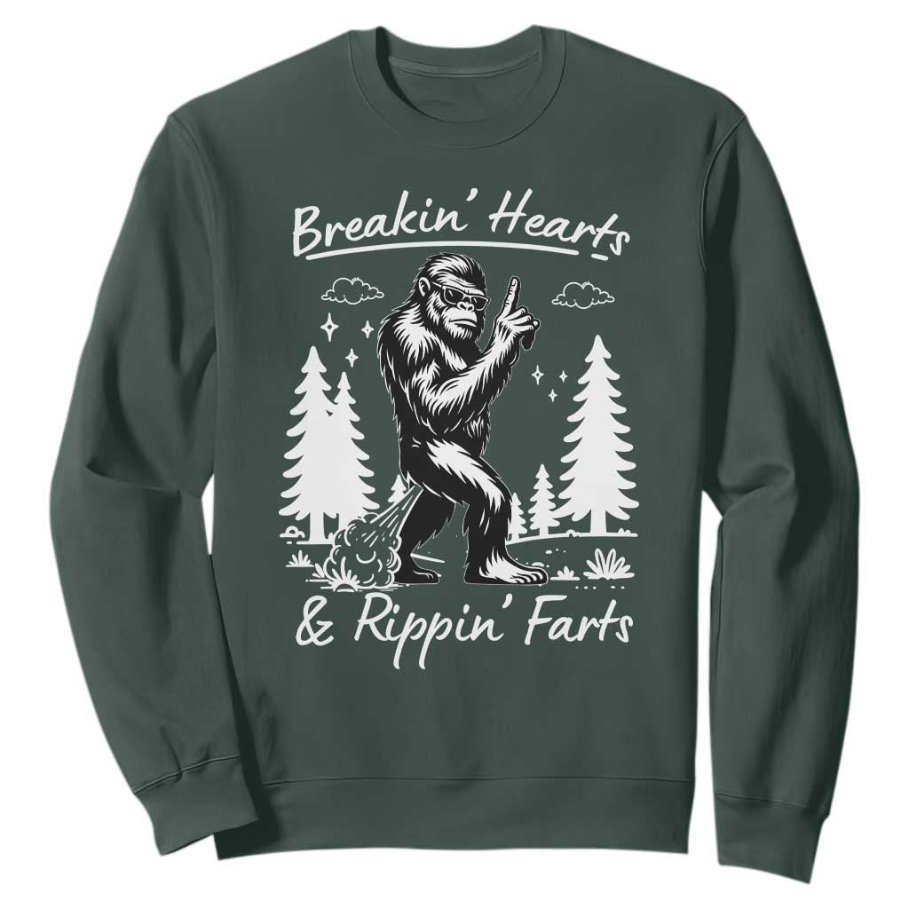 Funny Bigfoot Sasquatch Sweatshirt Breakin Hearts And Rippin Farts TS14 Dark Forest Green Print Your Wear