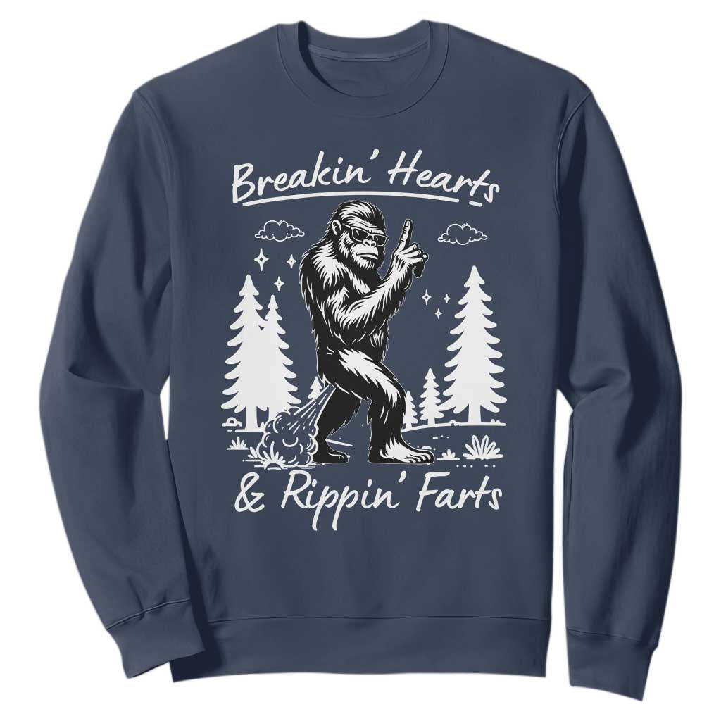 Funny Bigfoot Sasquatch Sweatshirt Breakin Hearts And Rippin Farts TS14 Navy Print Your Wear