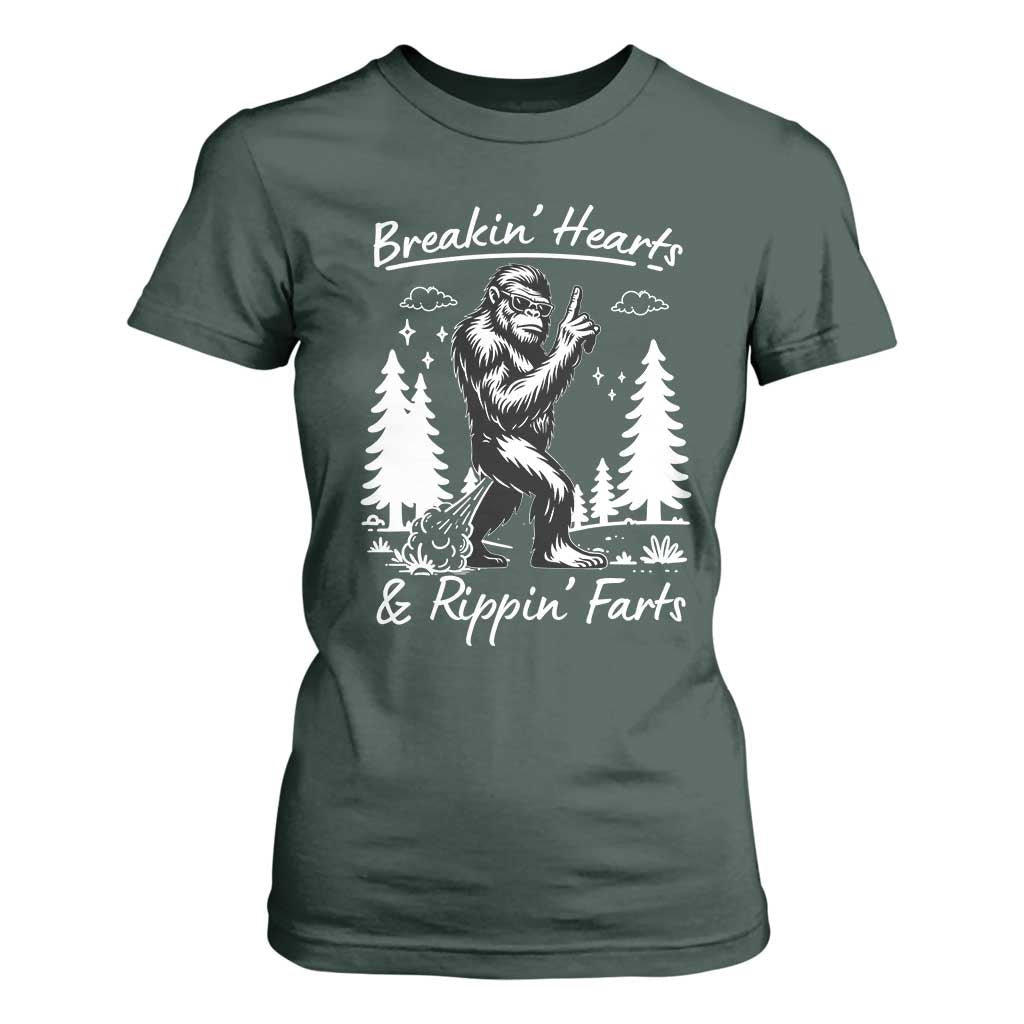 Funny Bigfoot Sasquatch T Shirt For Women Breakin Hearts And Rippin Farts TS14 Dark Forest Green Print Your Wear