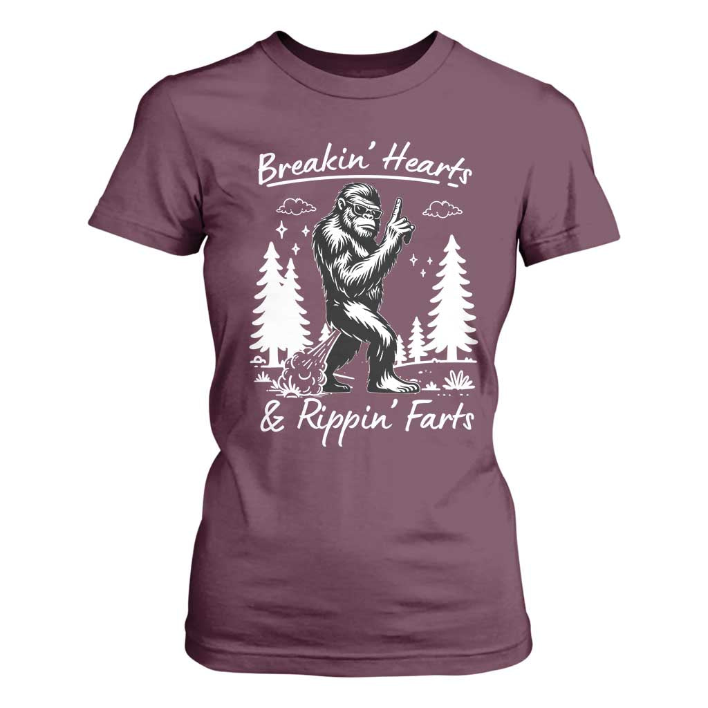 Funny Bigfoot Sasquatch T Shirt For Women Breakin Hearts And Rippin Farts TS14 Maroon Print Your Wear