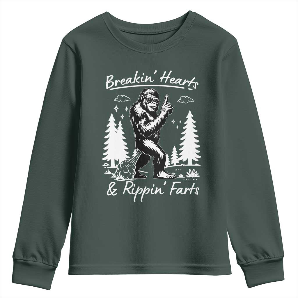 Funny Bigfoot Sasquatch Youth Sweatshirt Breakin Hearts And Rippin Farts TS14 Dark Forest Green Print Your Wear