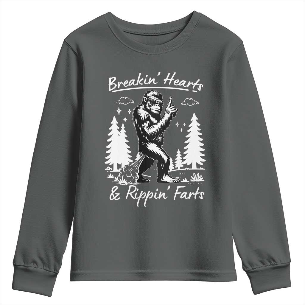 Funny Bigfoot Sasquatch Youth Sweatshirt Breakin Hearts And Rippin Farts TS14 Dark Heather Print Your Wear