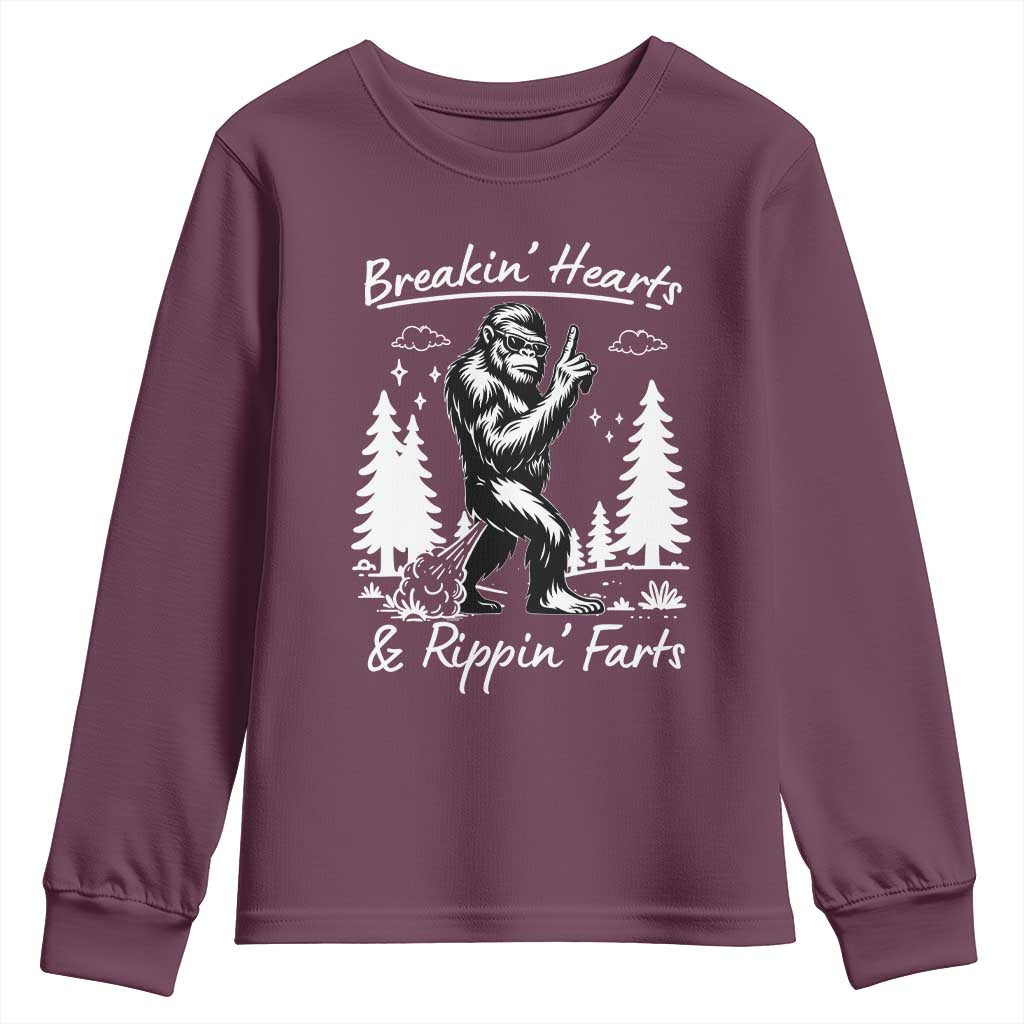 Funny Bigfoot Sasquatch Youth Sweatshirt Breakin Hearts And Rippin Farts TS14 Maroon Print Your Wear