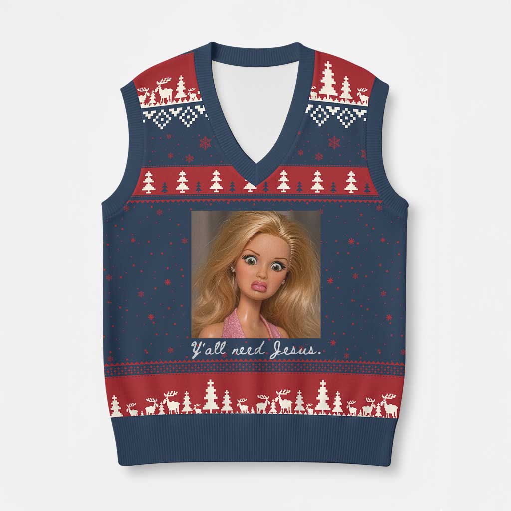 Y'all Need Jesus V-Neck Knit Sweater Vest Funny Girls Meme Saying Christian Humor TS14 Navy Red Print Your Wear