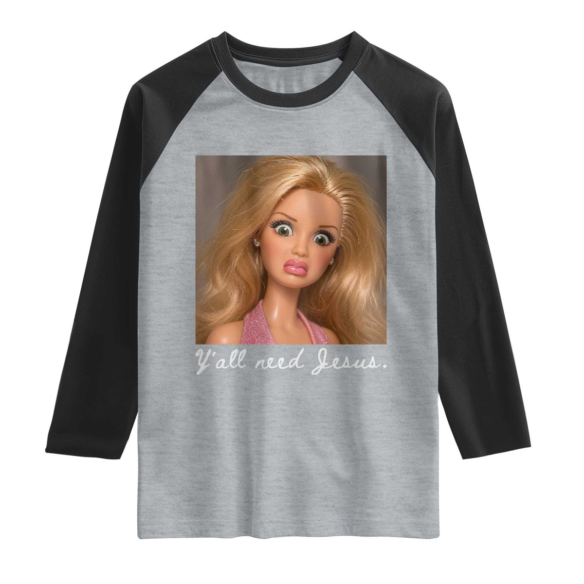 Y'all Need Jesus Raglan Shirt Funny Girls Meme Saying Christian Humor TS14 Heather Gray Black Print Your Wear