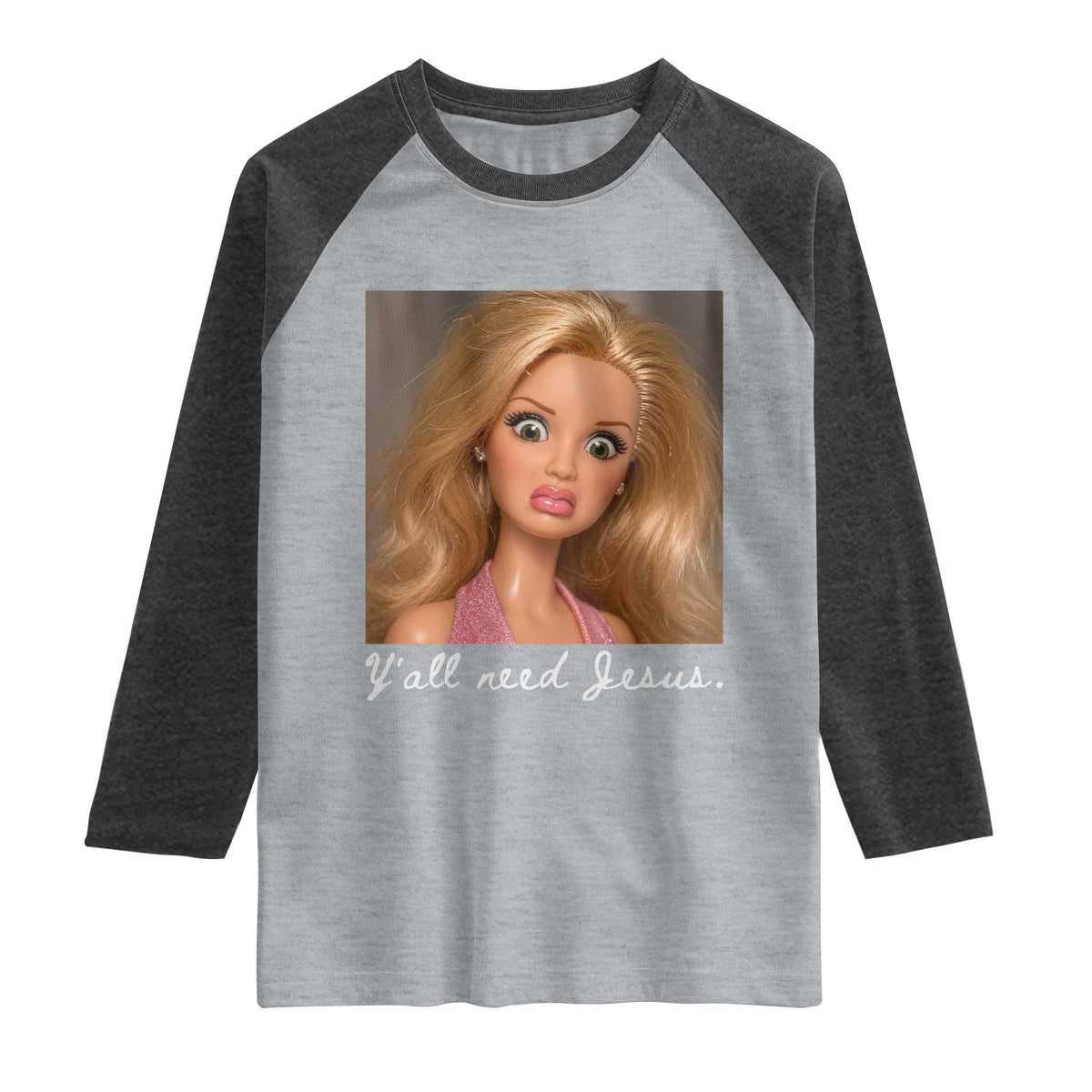 Y'all Need Jesus Raglan Shirt Funny Girls Meme Saying Christian Humor TS14 Heather Gray Heather Charcoal Print Your Wear